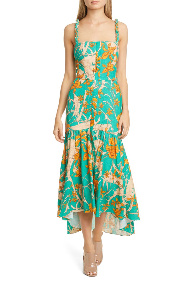Johanna Ortiz Twist Strap Print Linen Midi Dress, Main, color,