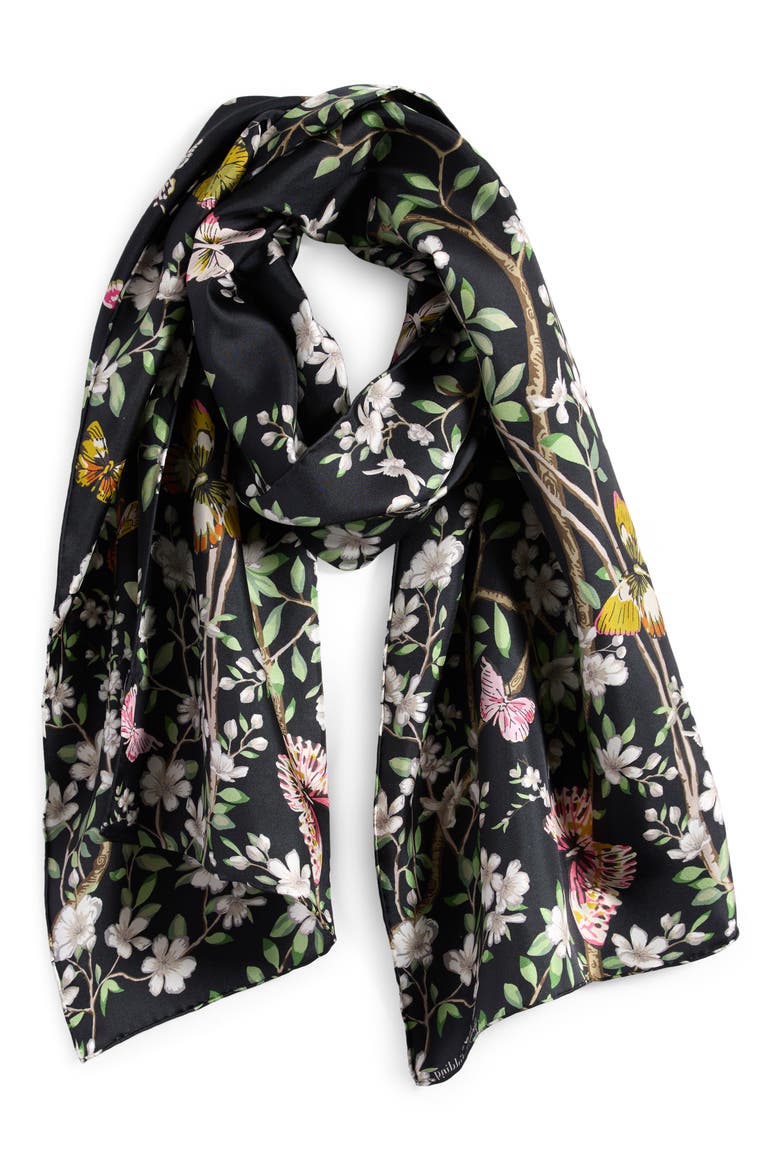 Spring Unfolding Silk Oblong Scarf, Main, color, BLACK