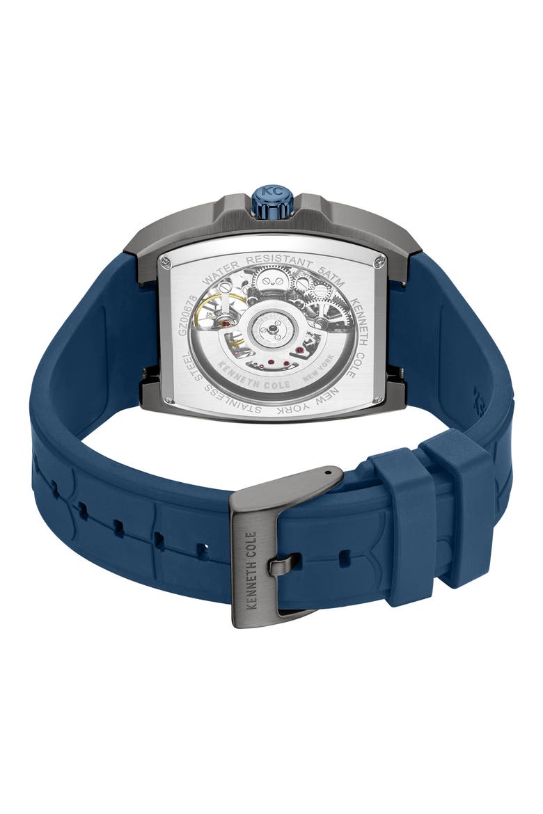 Skeleton Blue Tonneau Automatic Silicone Strap Watch, 41.5mm x 53.5mm, Alternate, color, BLUE