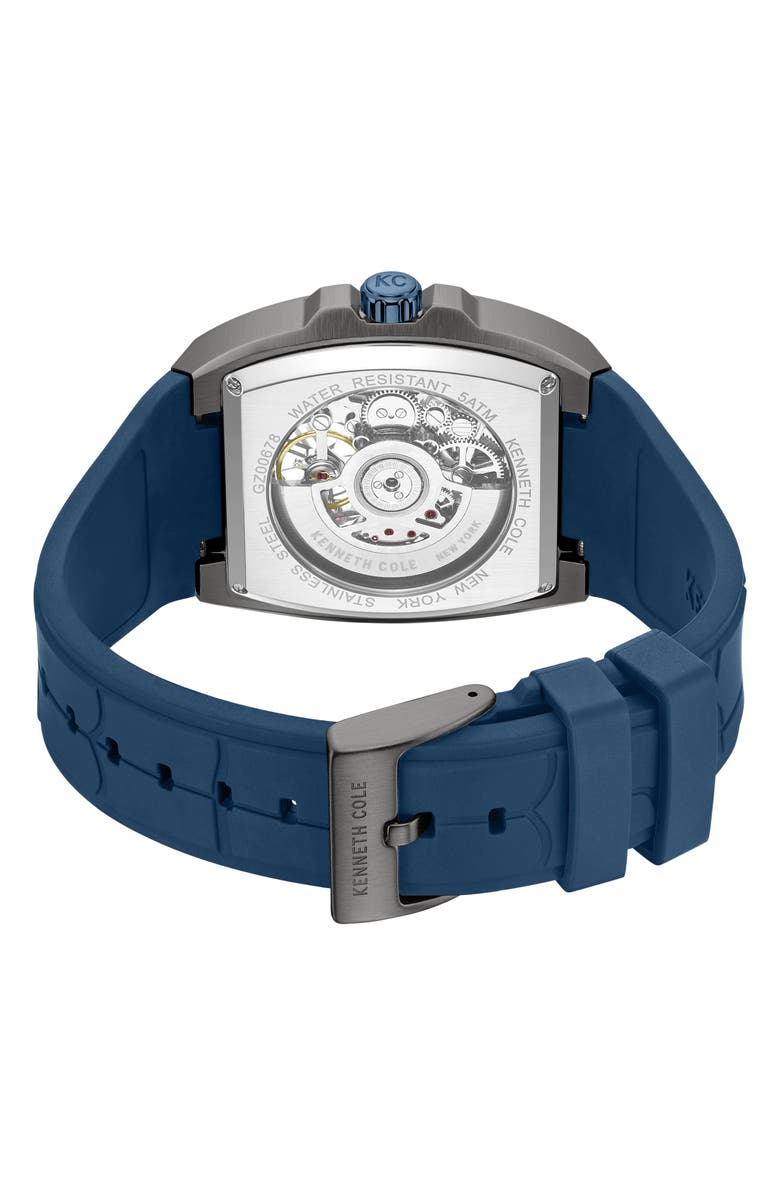 Kenneth Cole New York Skeleton Blue Tonneau Automatic Silicone Strap Watch, 41.5mm x 53.5mm, Alternate, color, Blue