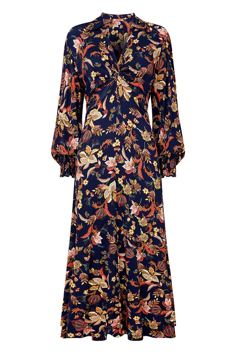 Stretch Knit Knot Front Midi Dress, Alternate, color, NAVY BOTANICAL