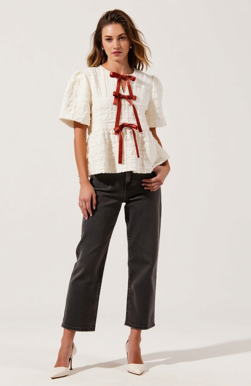 Modenaire Textured Puff-sleeve Peplum Blouse With Bow-tie Front In Multi