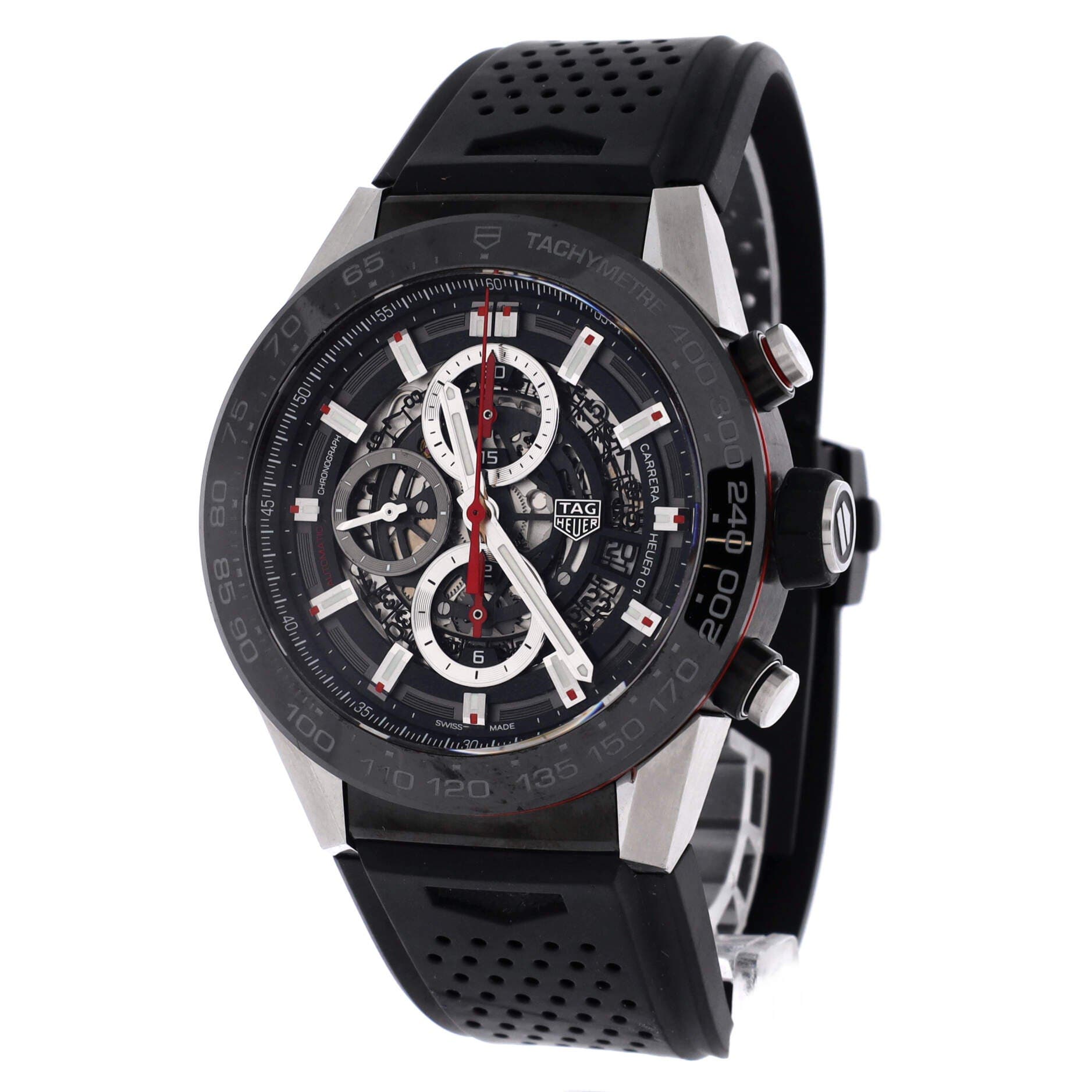 Carrera Calibre Heuer 01 Skeleton Chronograph Automatic Watch Stainless Steel with PVD and Rubber 45, Alternate, color, Black
