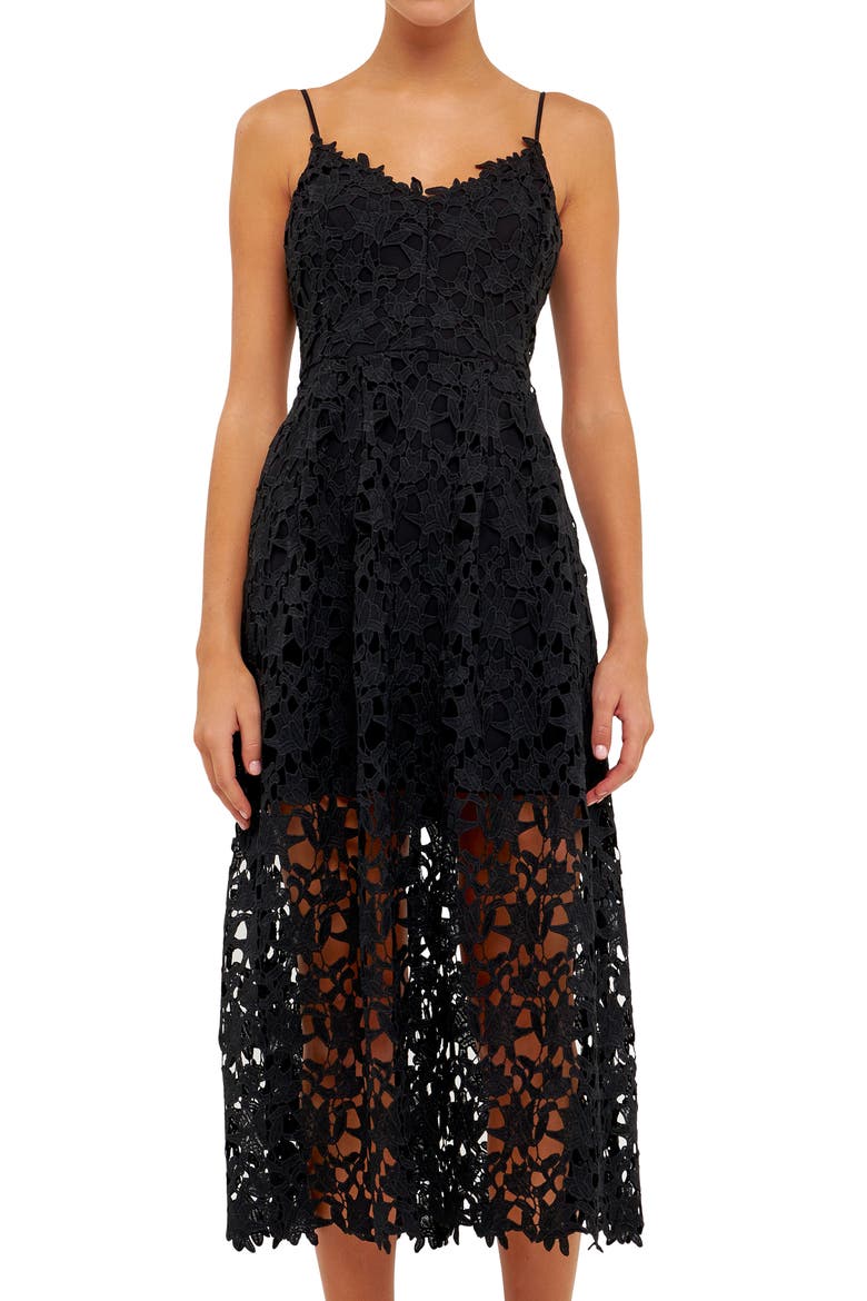 Lace Spaghetti Strap Midi Dress, Alternate, color, BLACK