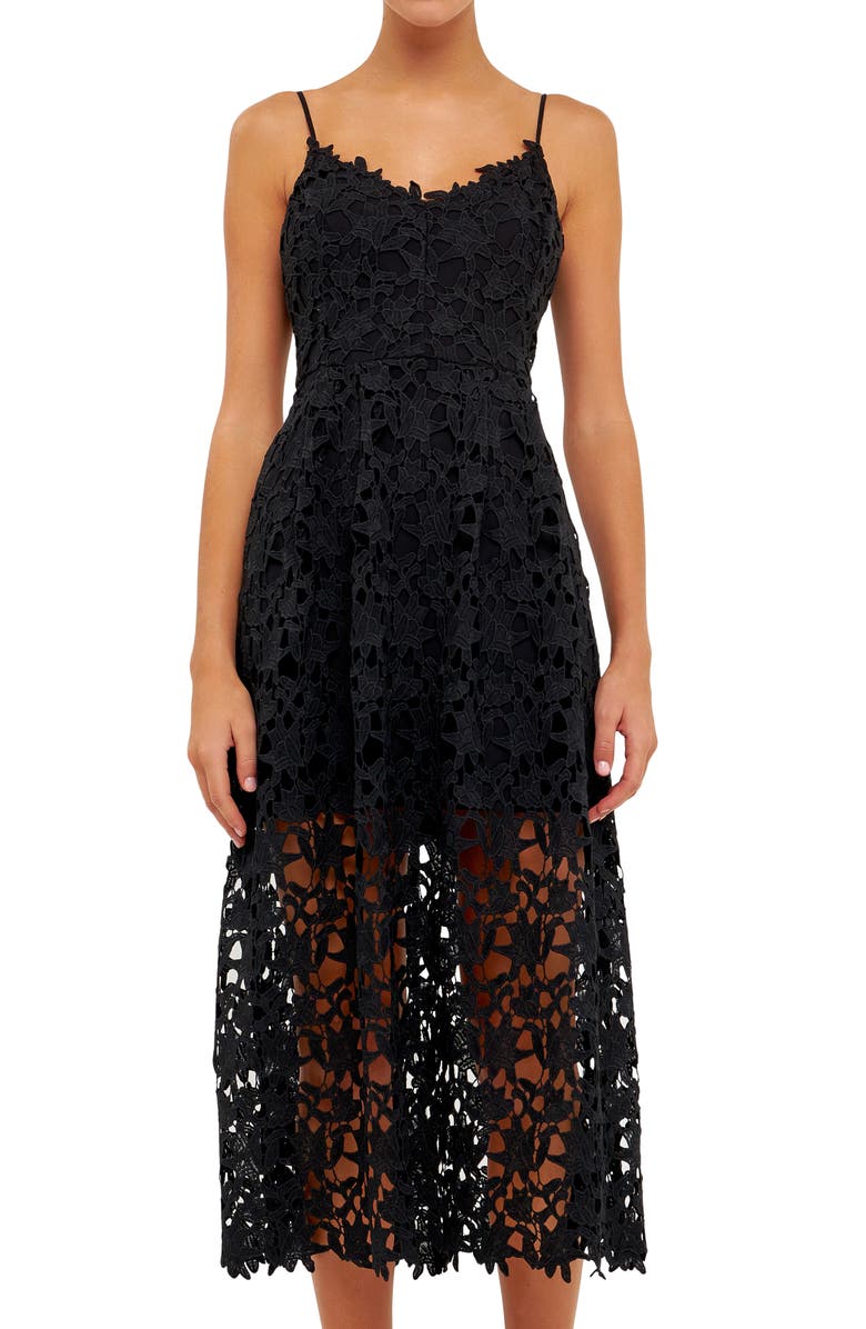 Endless Rose Lace Spaghetti Strap Midi Dress, Alternate, color, Black