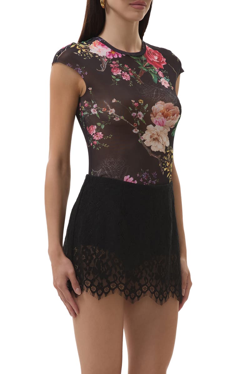 AFRM Nina Print Cap Sleeve Mesh Top, Alternate, color, Noir Summer Rose