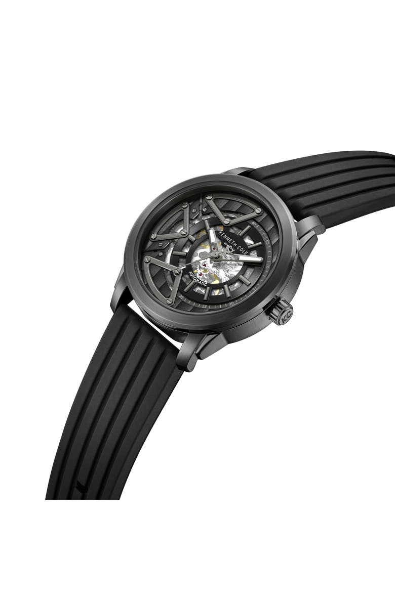 Kenneth Cole New York Skeleton Black Automatic Silicone Strap Watch, 44mm, Alternate, color, Black