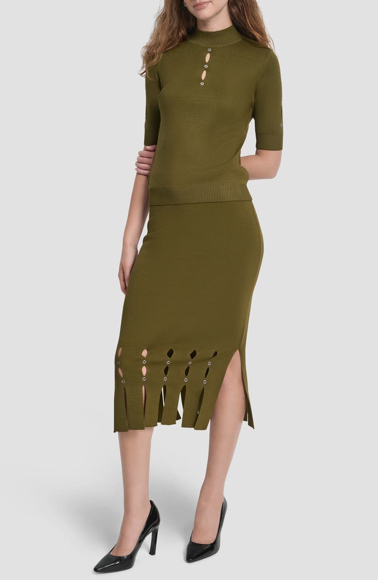 DKNY Cutout Grommet Mock Neck Sweater, Alternate, color, Dark Olive