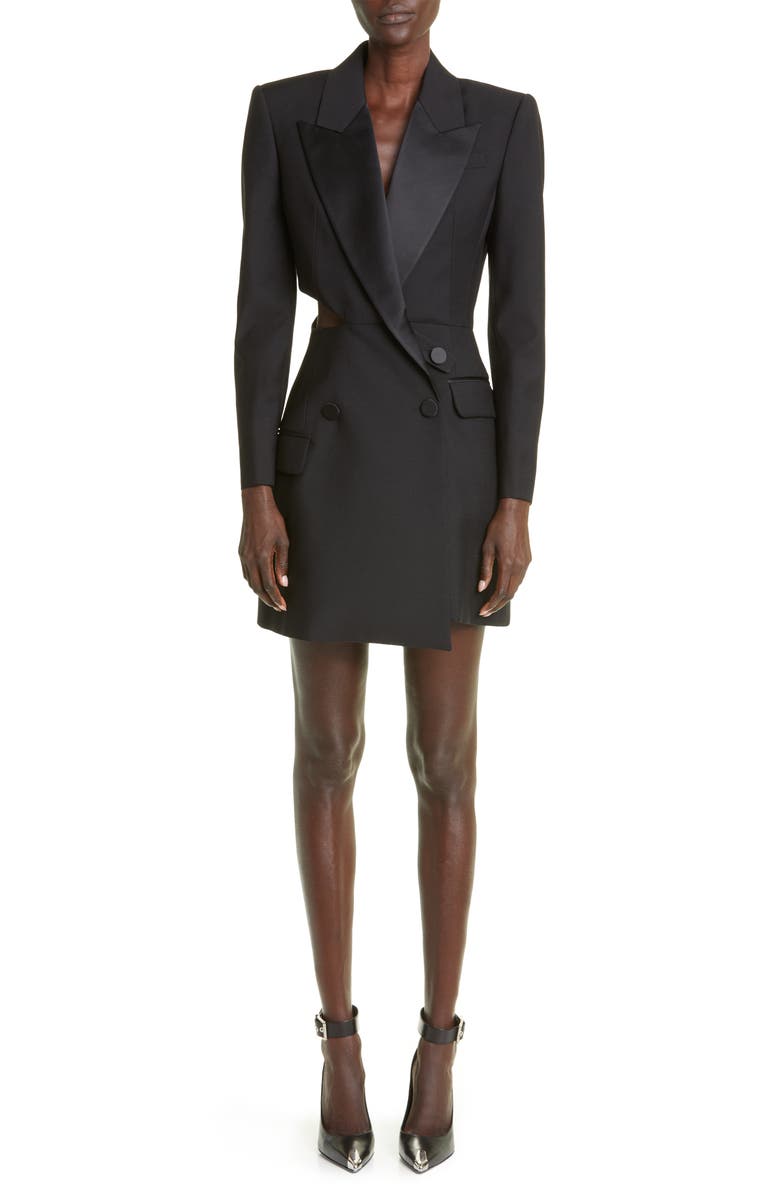 McQueen Slash Detail Wool Blend Tuxedo Minidress, Main, color,
