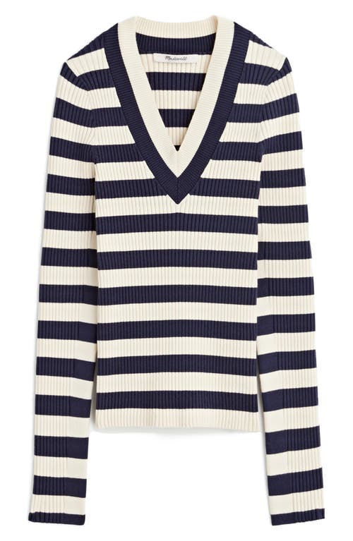 Shop Madewell Stripe V-neck Sweater In Blue Stripe