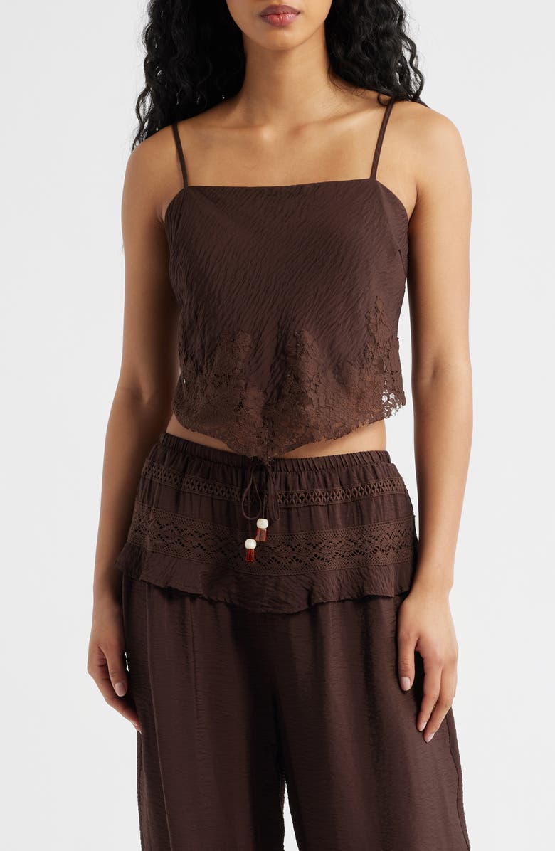 KITTENISH Lace Detail Rumple Satin Camisole, Main, color, Coffee Bean