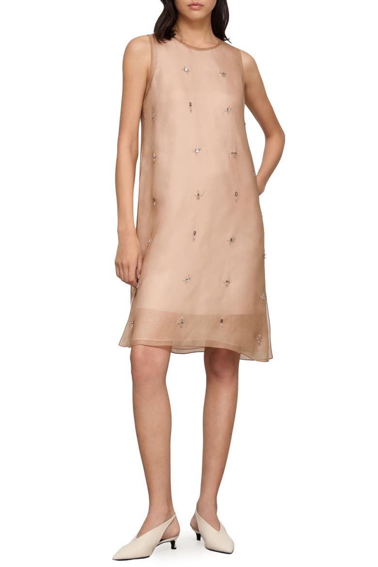 Hand Beaded Silk Organza Shift Dress, Main, color, BROWNSTONE