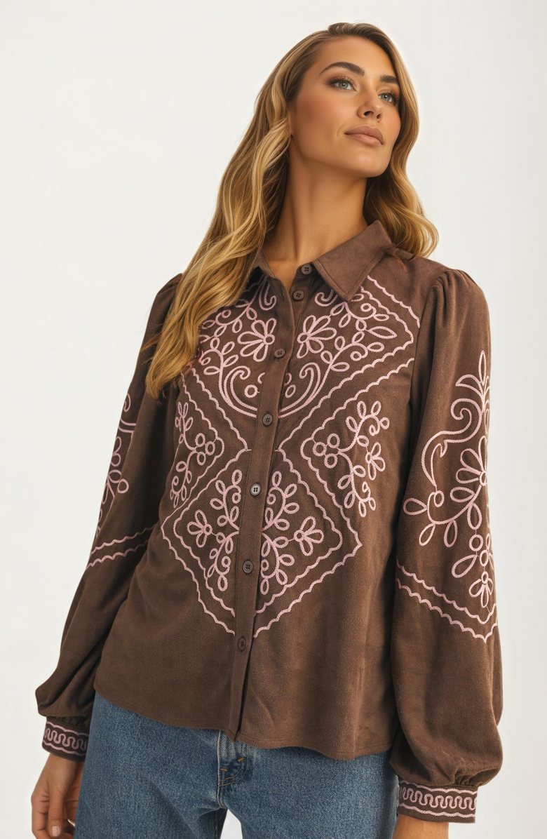 Knit and Lounge Button Up Blouse with Embroidery Details, Alternate, color, 