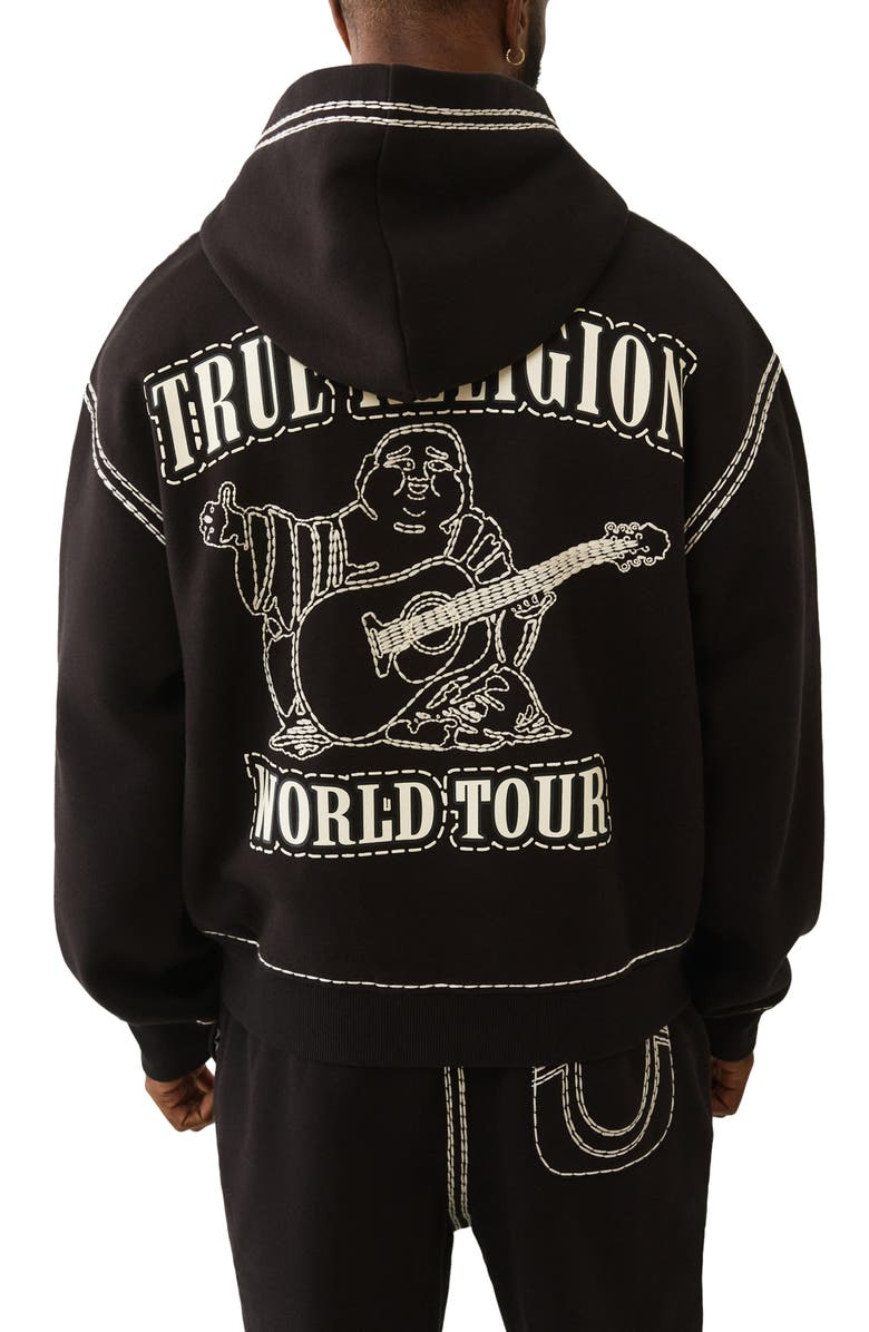 True Religion World Tour Embroidered Cotton Zip-Up Hoodie, Alternate, color, Jet Black
