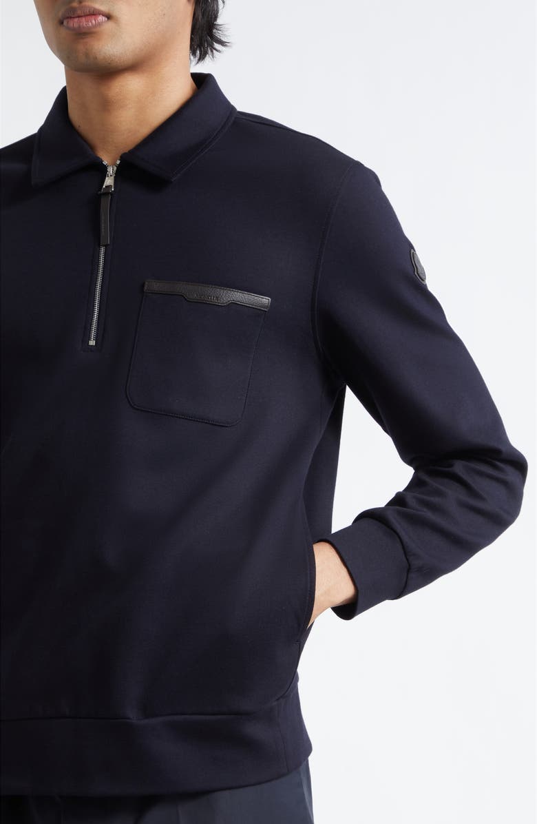 Moncler Leather Logo Cotton Blend Half Zip Pullover, Alternate, color, Night Sky