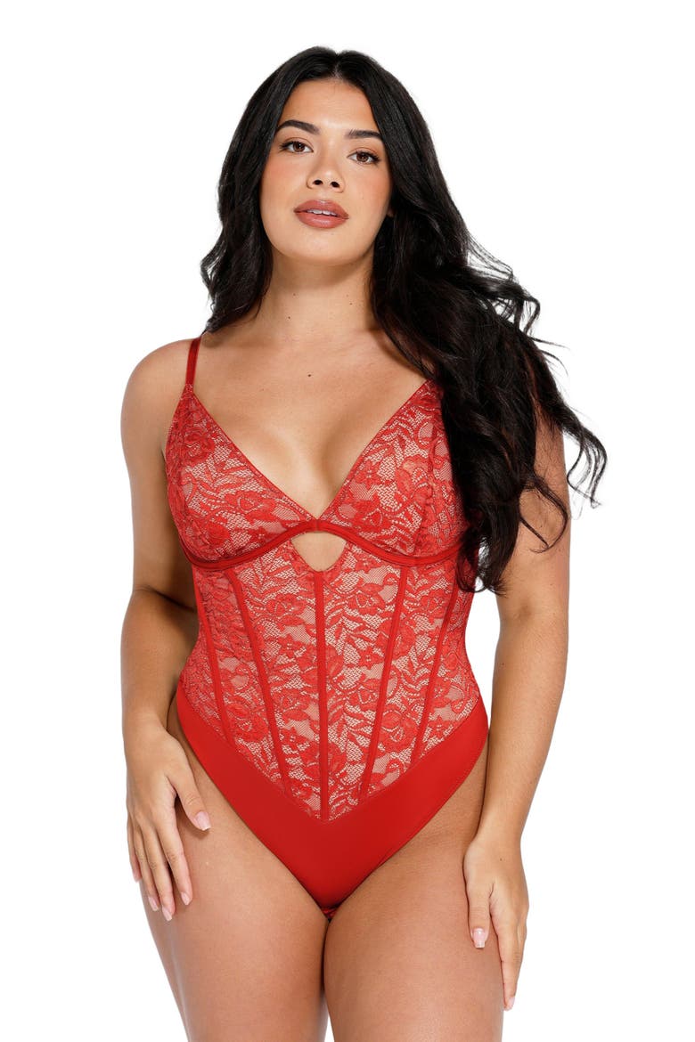 Shapewear Cutout Corset Hourglass Sculpting Lace Bodysuit, Alternate, color, Bright red