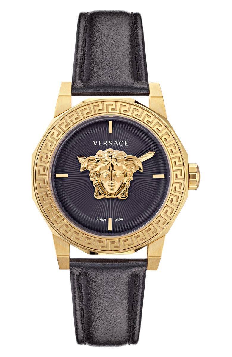 Versace Medusa Deco Leather Strap Watch, 38mm, Main, color, Ip Yellow Gold