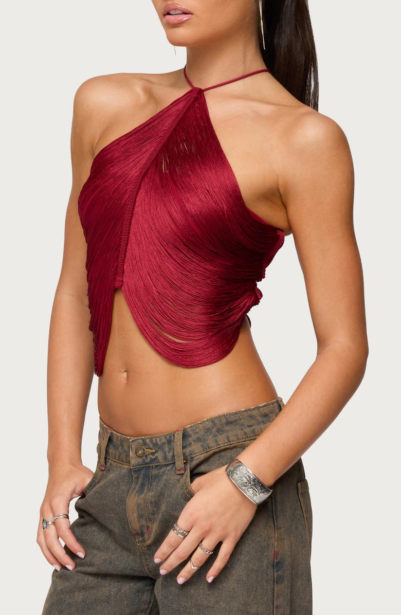 EDIKTED Hara Fringe Lace-Up Open Back Camisole, Alternate, color, Burgundy