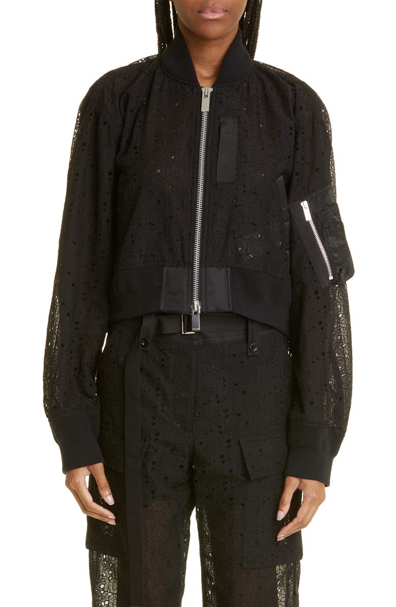 Sacai Logo Lace Bomber Jacket, Main, color,