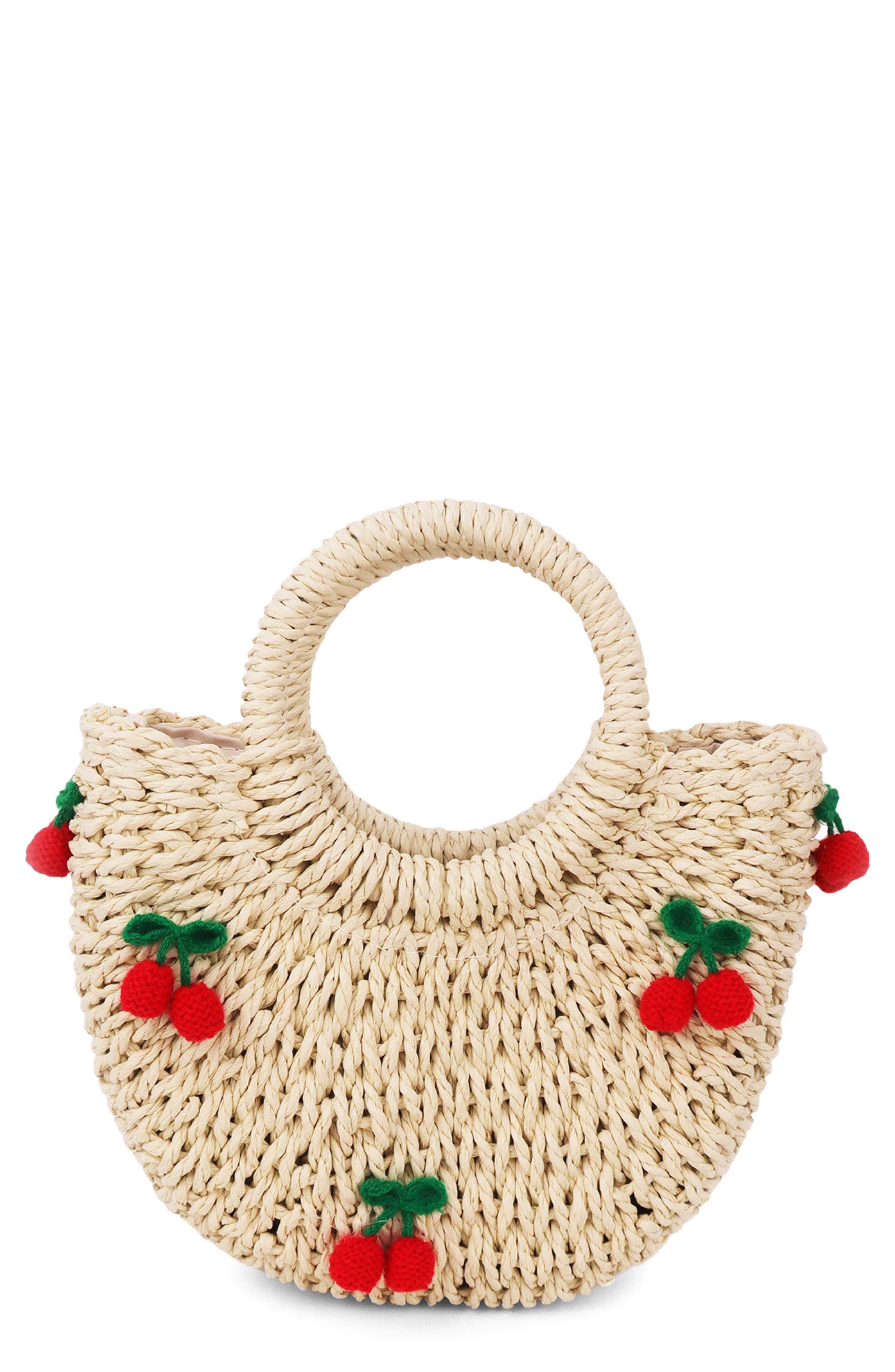 Petit Moments Cherry Straw Top Handle Bag, Main, color, Beige