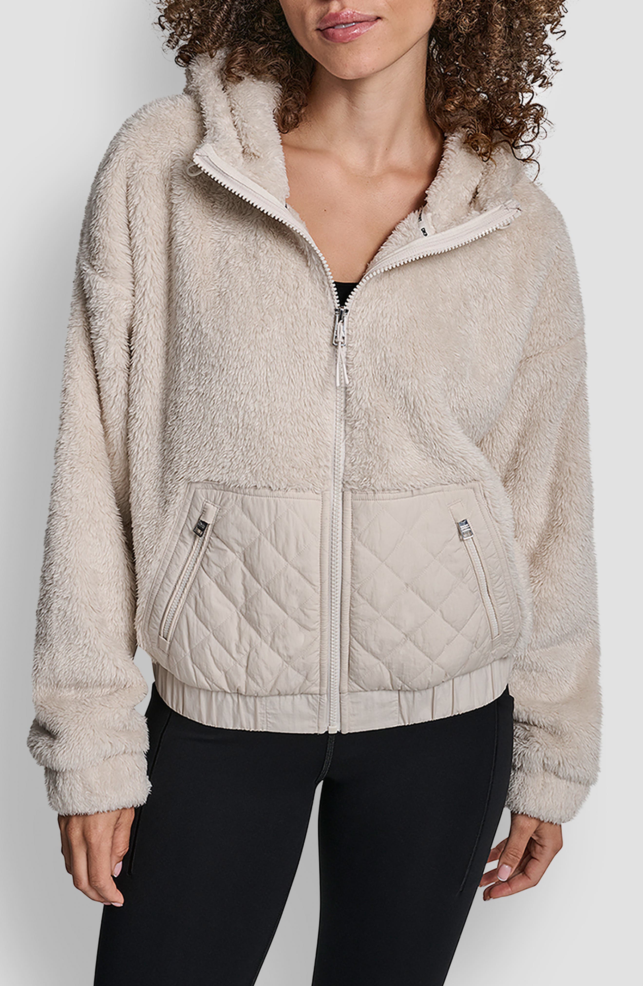 DKNY Faux Shearling & Diamond Quilted Hooded Jacket