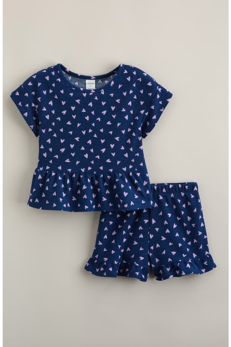 Kids' Two-Piece Waffle Knit Ruffle Pajamas, Main, color, NAVY PURPLE HEARTS