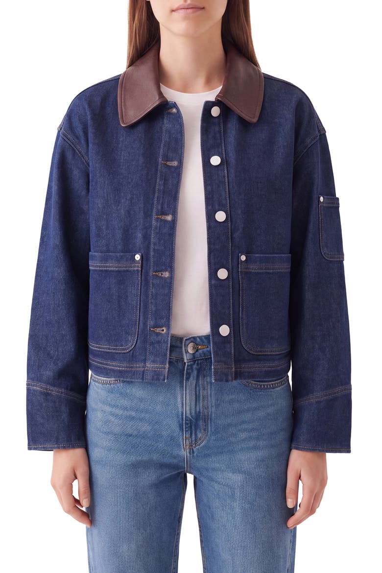 Faux Leather Collar Cropped Denim Trucker Jacket, Alternate, color, RINSE WASH