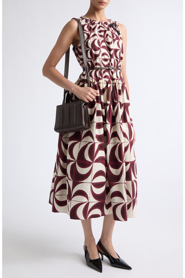 Abstract Geo Print Belted Cotton Midi Dress, Alternate, color, BORDEAUX