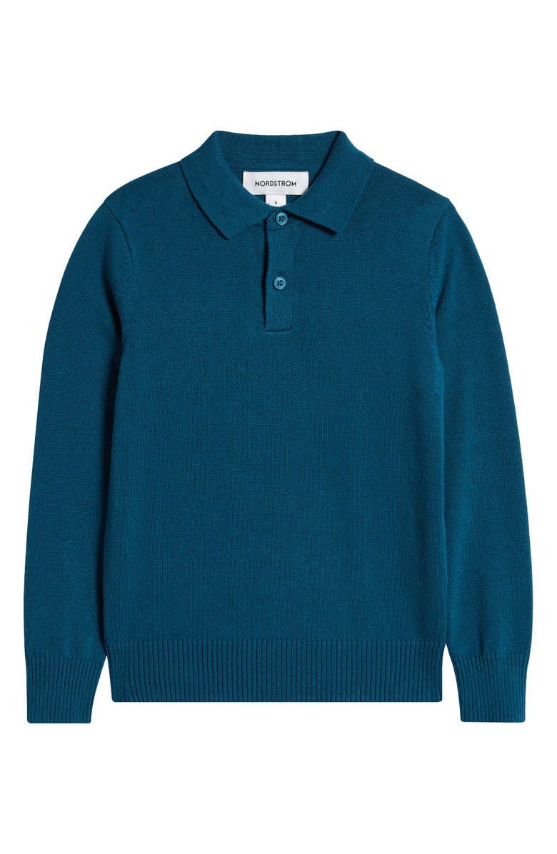 Nordstrom Kids' Long Sleeve Cotton Polo Sweater, Main, color, Teal Feather