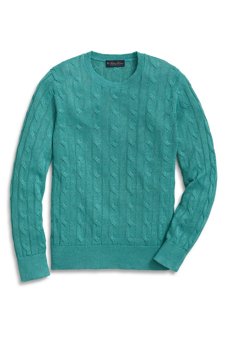 Brooks Brothers Cable Stitch Linen Crewneck Sweater, Main, color, Teal