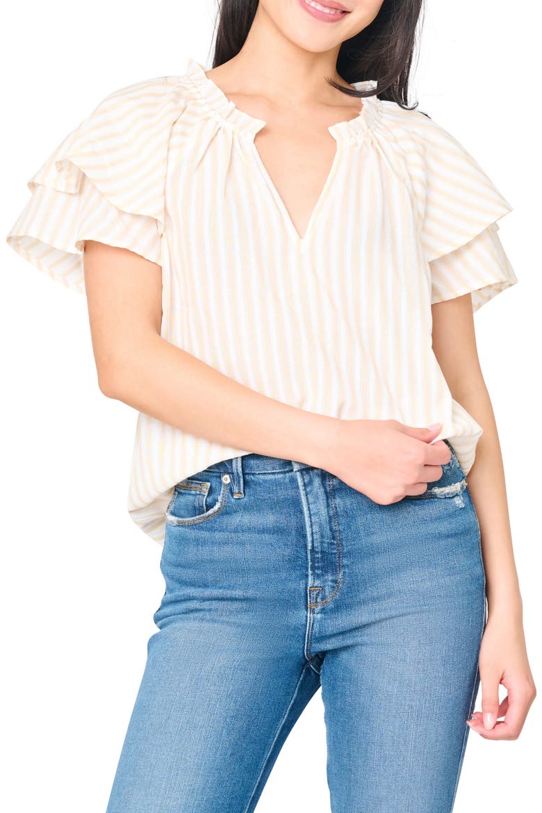 On the Daily Stripe Double Flutter Sleeve Top, Main, color, TAN STRIPE