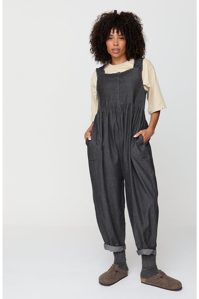 Organic Cotton Alice Denim Smocking Strap Jumpsuit, Main, color, Black