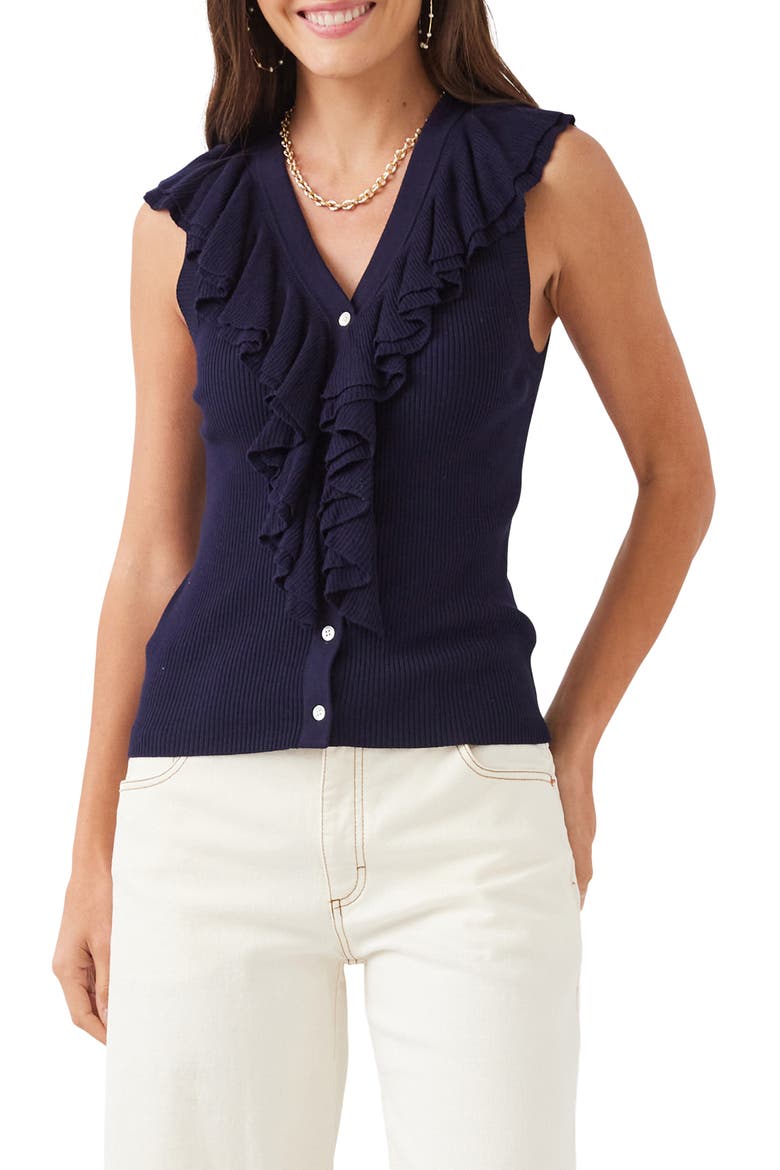 Ruffle Detail Rib Sleeveless Sweater, Main, color, NAVY