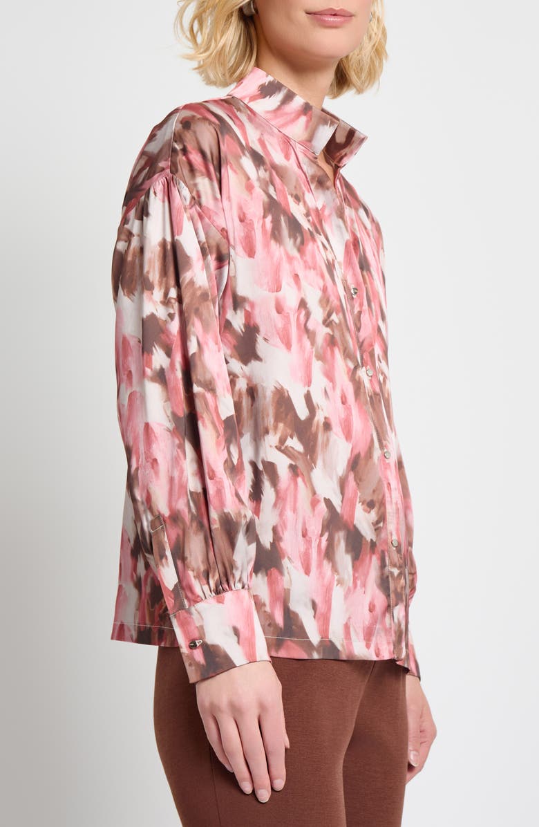 Misook Brushstroke Print Crêpe de Chine Button-Up Shirt, Alternate, color, Honey Suckle/ Charmeuse/ Multi