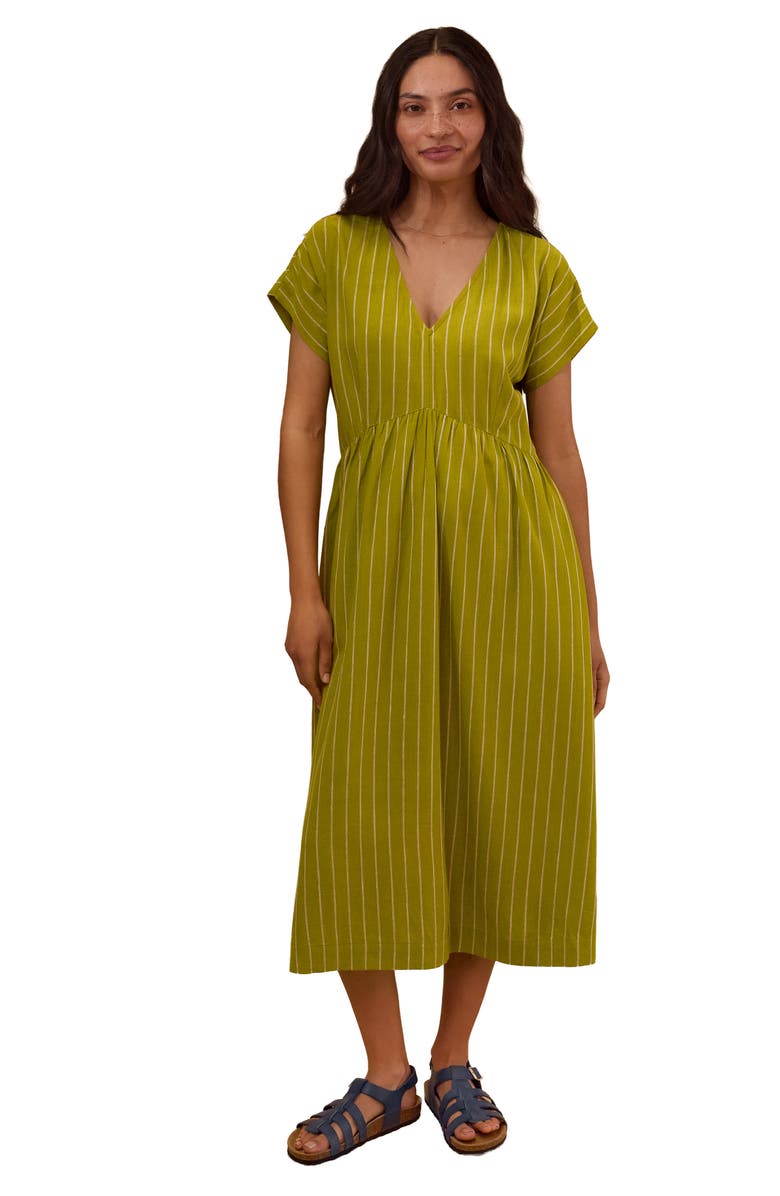 Celtic & Co. V-Neck Gathered-Waist Striped Midi Dress, Main, color, Willow Stripe