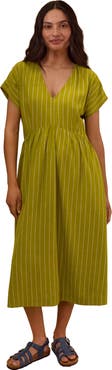Celtic & Co. V-Neck Gathered-Waist Striped Midi Dress