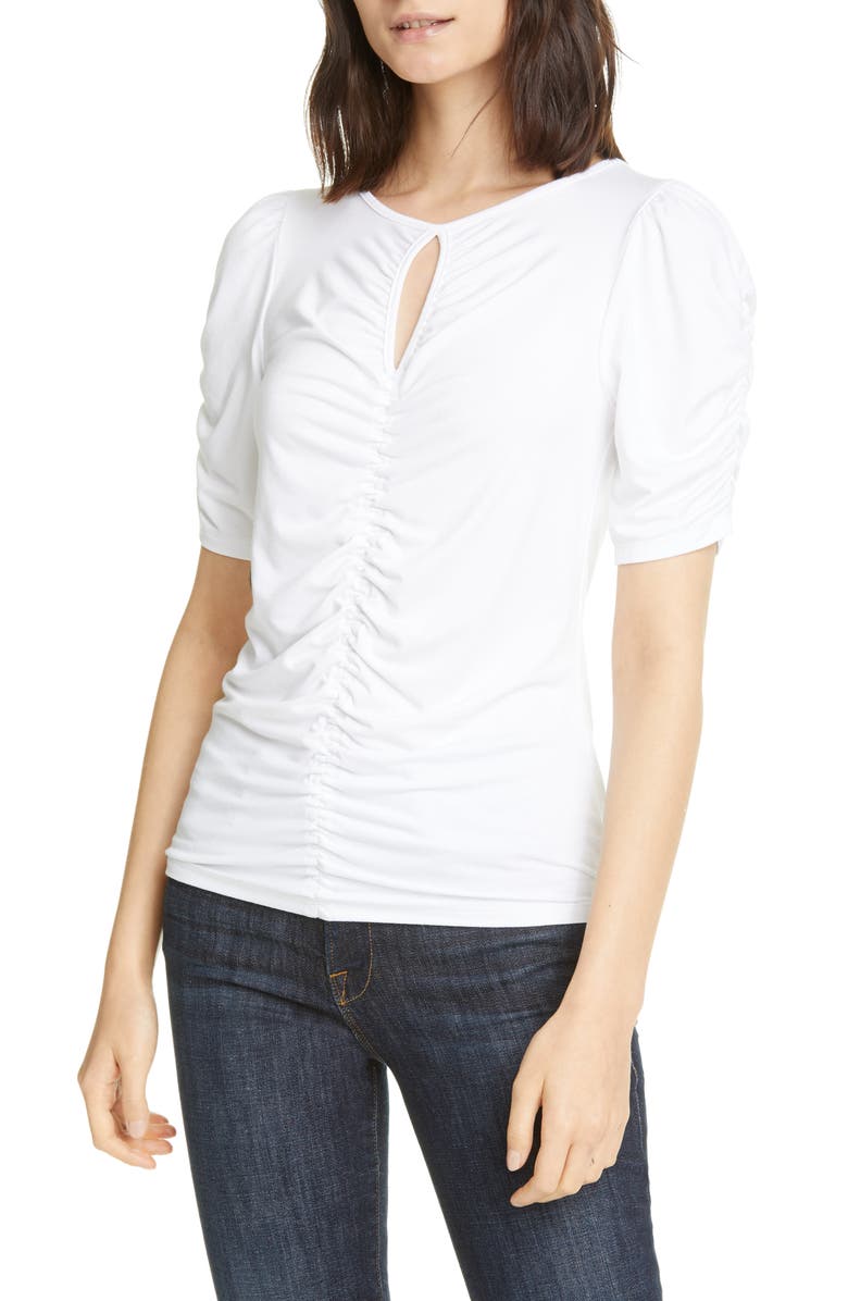 FRAME Shirred Keyhole Neck T-Shirt, Main, color, Blanc