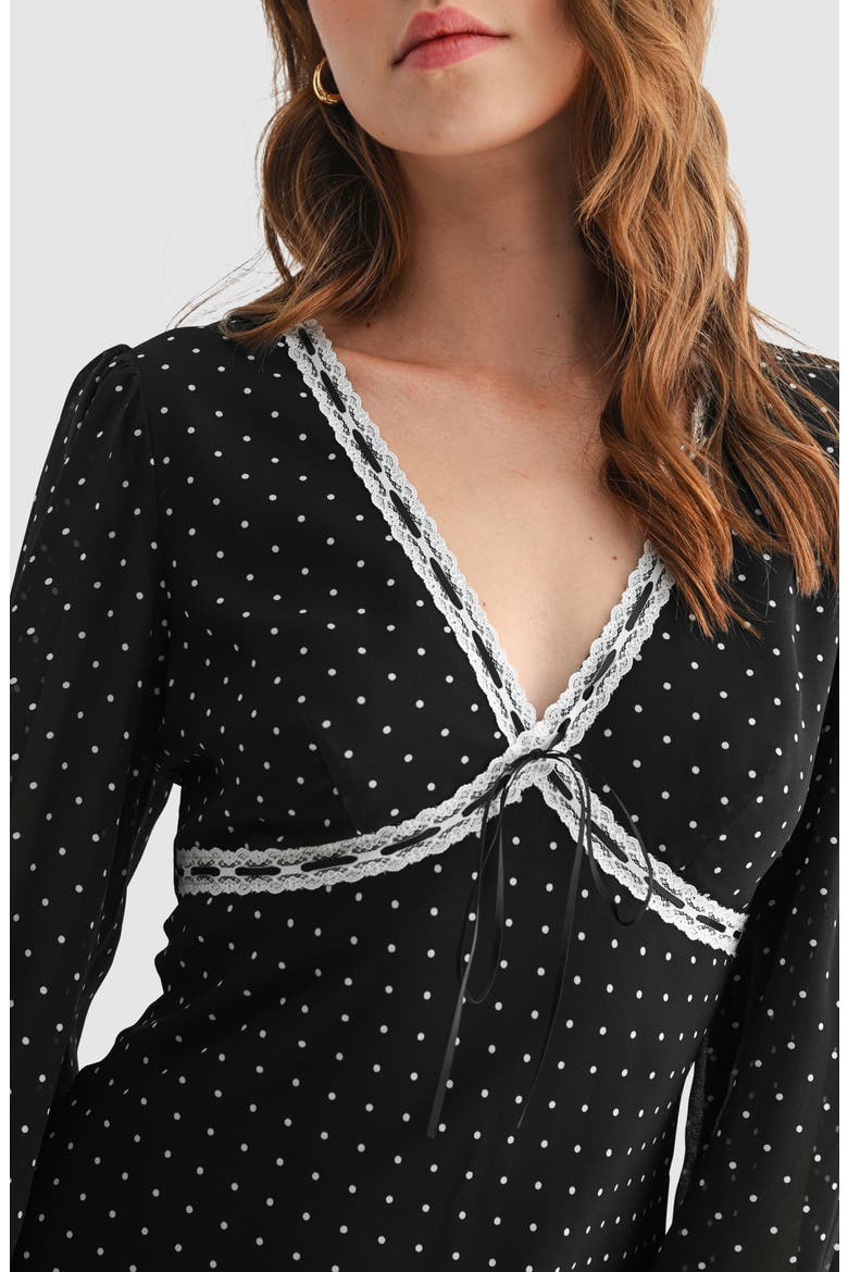 Polka Dot Lace Detail Long Sleeve Minidress, Alternate, color, BLACK WHITE DOT