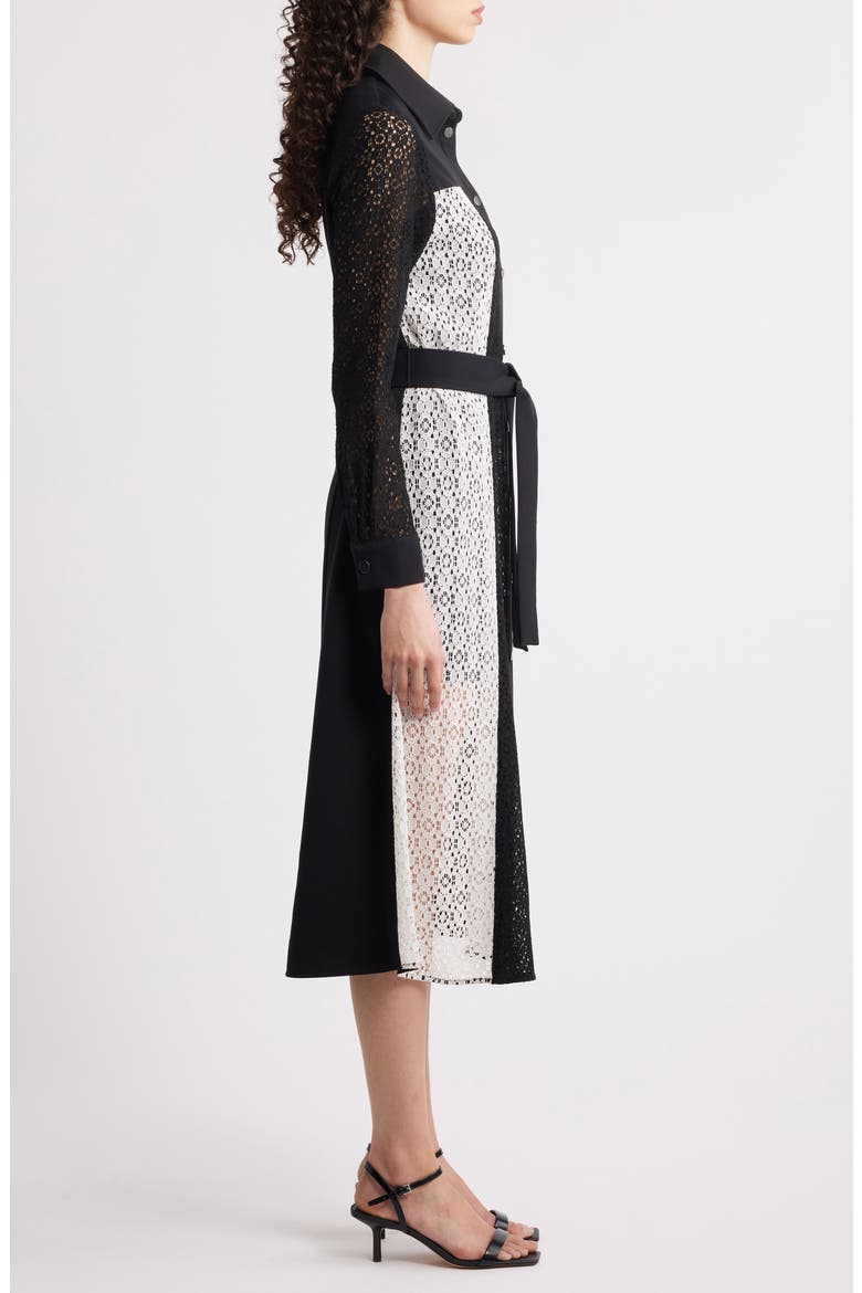 Tie Waist Long Sleeve Lace Midi Dress, Alternate, color, BLACK/ WHITE