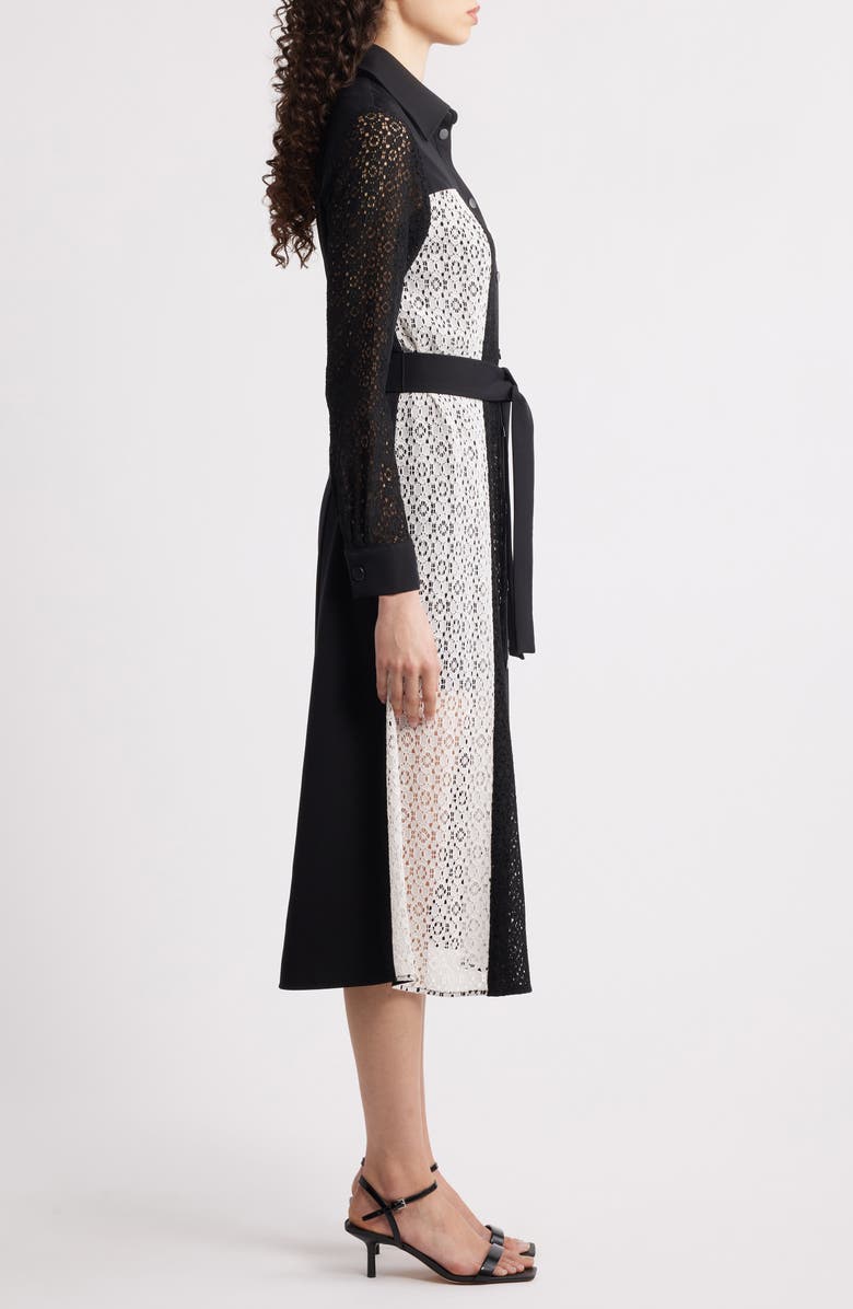 Misook Tie Waist Long Sleeve Lace Midi Dress, Alternate, color, Black/ White