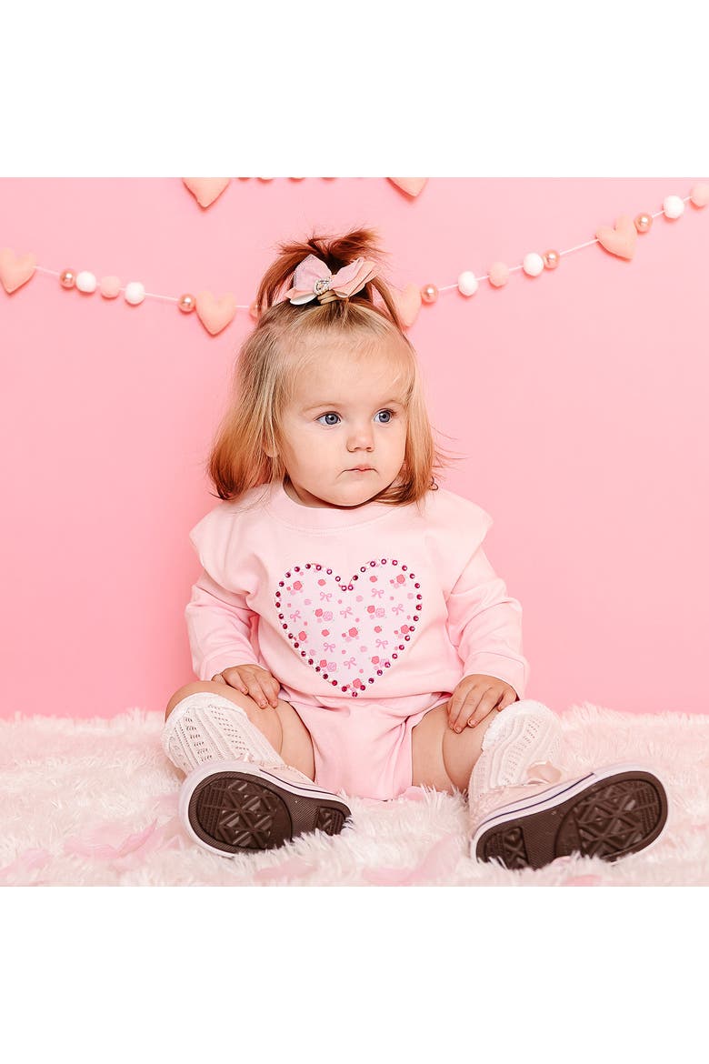Dainty Rose Pearl Heart Patch Long Sleeve Romper, Alternate, color, Ballet Pink