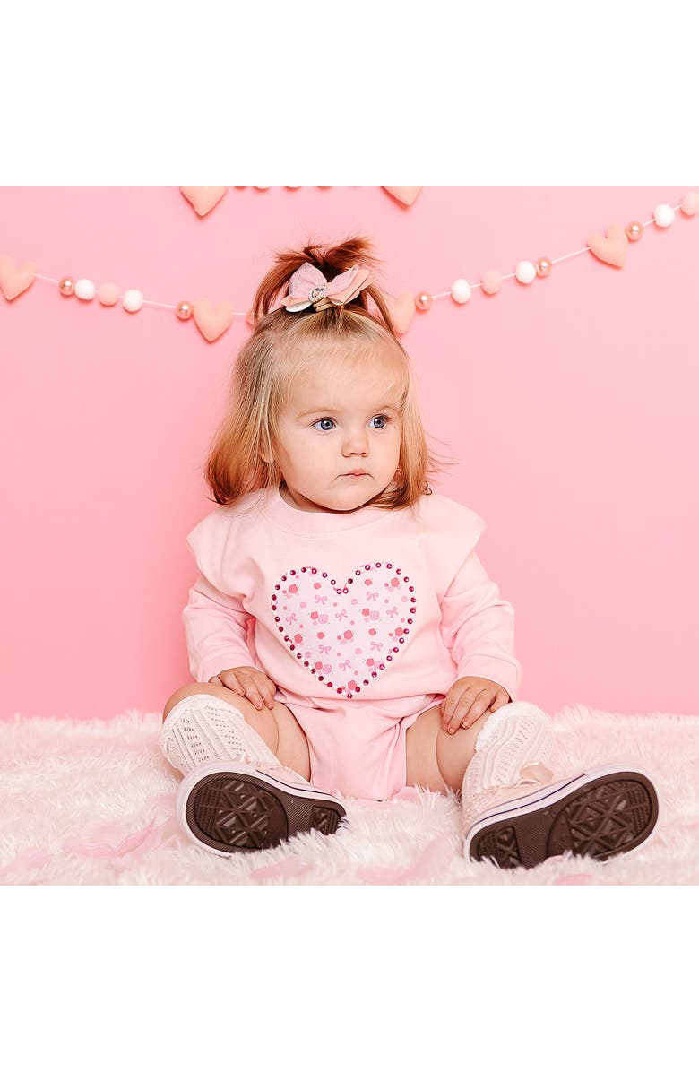 Sweet Wink Dainty Rose Pearl Heart Patch Long Sleeve Romper, Alternate, color, Ballet Pink
