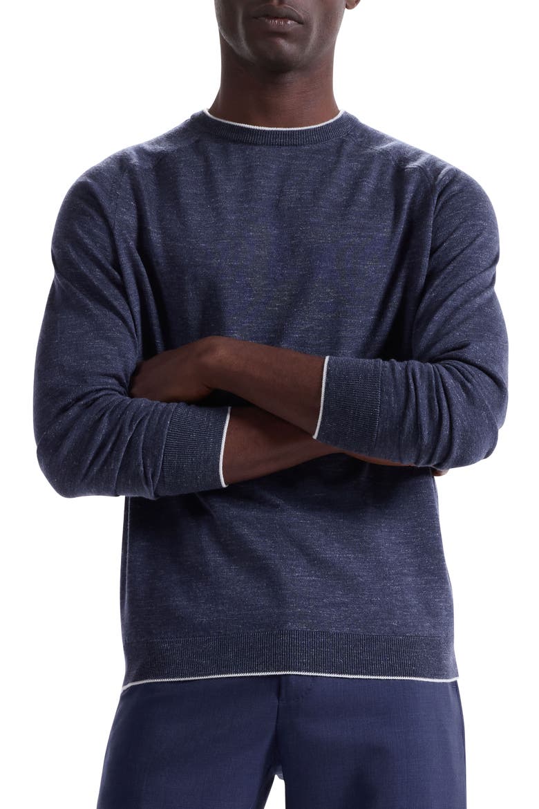 Tipped Merino Wool, Silk & Linen Crewneck Sweater, Main, color, NAVY