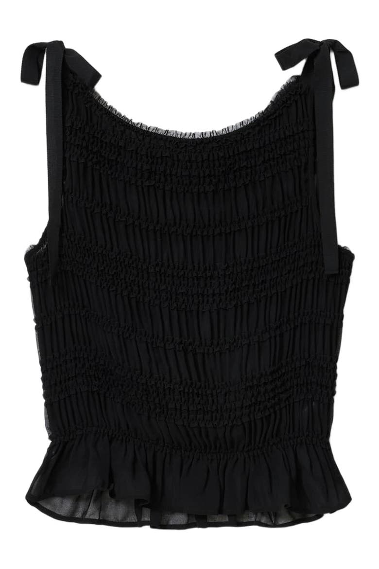 Lotus Sheer Shirred Tie Shoulder Peplum Top, Alternate, color, BLACK