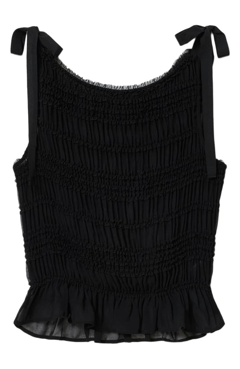 AllSaints Lotus Sheer Shirred Tie Shoulder Peplum Top, Alternate, color, Black