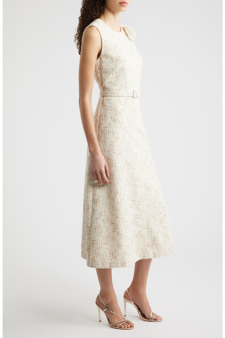 Rosette Belted Tweed Midi Dress, Alternate, color, WHITE DOVE/ LATTE