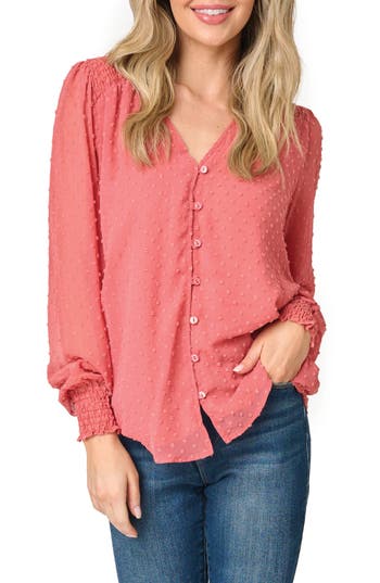 Gibsonlook Pin Dot Smocked Detail V-neck Blouse