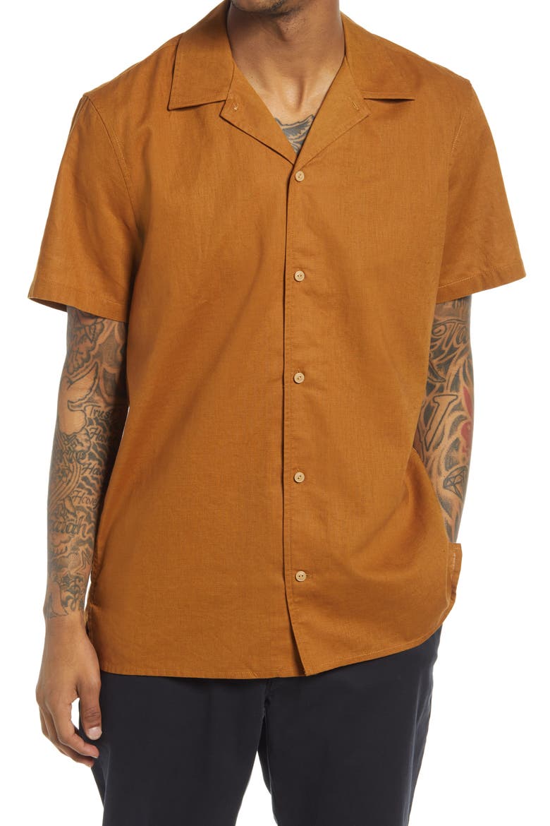 Short Sleeve Linen & Cotton Button-Up Camp Shirt, Main, color, BROWN RUBBER