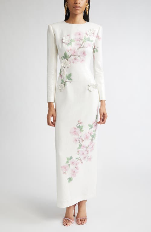 Oscar De La Renta Cherry Blossom Long Sleeve Sequin Jersey Column Gown