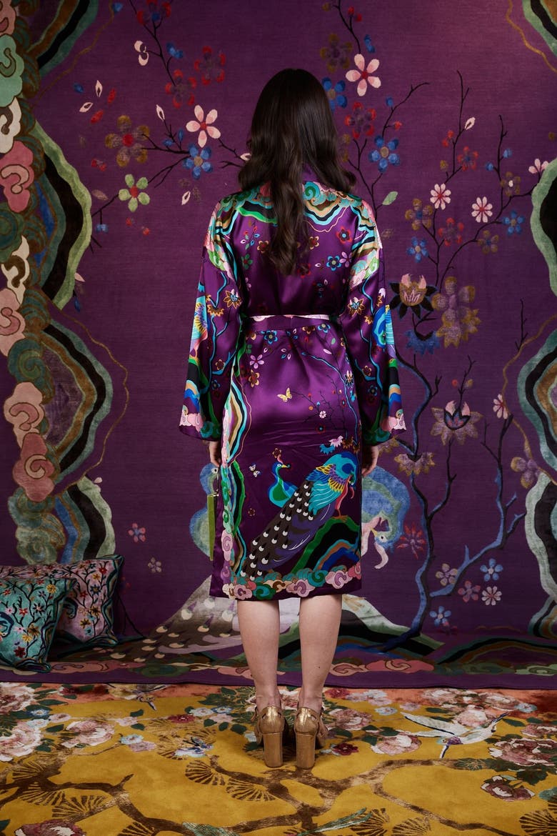 Wendy Morrison x Skylence Kujaku Peacock Silk Robe, Alternate, color, Purple